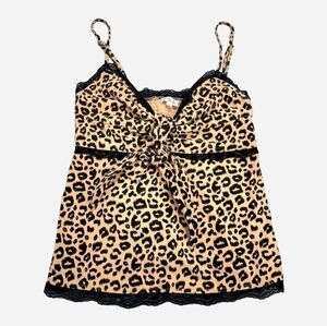 POL Leopard Cami Top Black Lace Tan Tie Front Side Zip Ruched Back Size Small